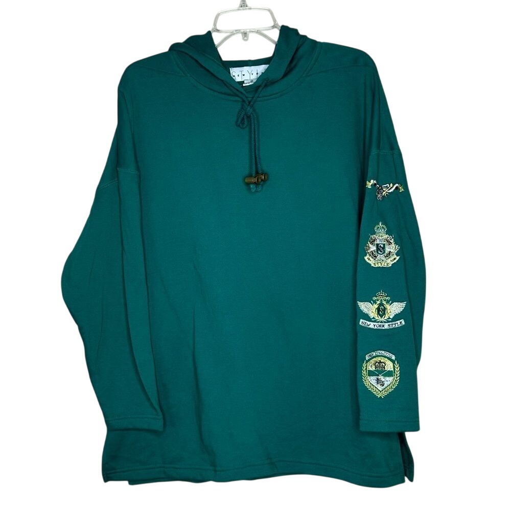 Vintage New York Style Teal Green Crest Patch Sleeve Hoodie Sweatshirt Womens M